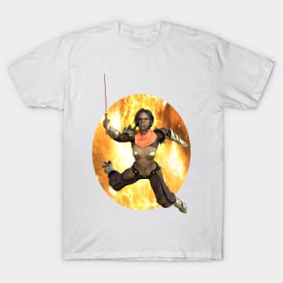 Warrior woman leaping from flames sword and armor T-Shirt